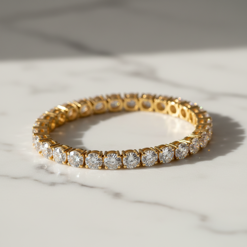 Lab-grown diamond tennis bracelet in yellow gold on white marble